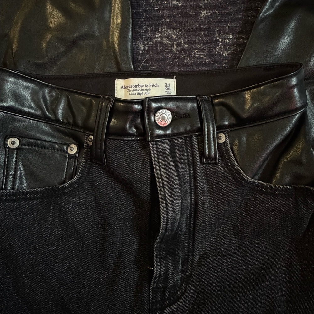 Abercrombie & Fitch Black Denim Jeans with Faux Leather Trim